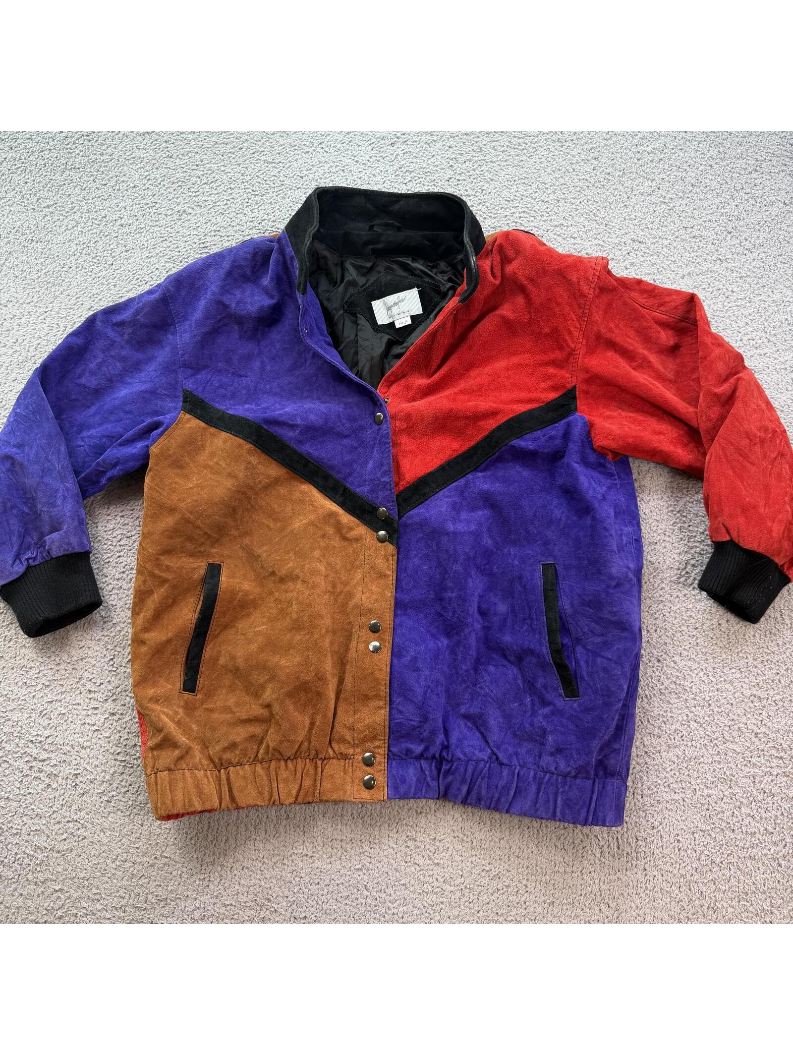Vintage 80s Womens Colorblock Suede Leather Jacket Purple Red Abstract Coat 1x